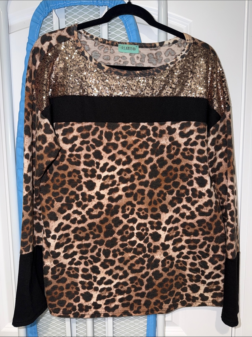 Leopard Print Sequin Accent Long Sleeve Top - Brown/Black
